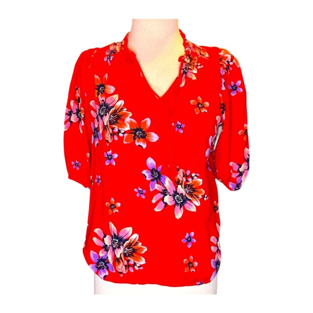 Jessica Simpson Floral Blouse Top Red Colorful 3/4 Sleeve Hawiian Holiday Small